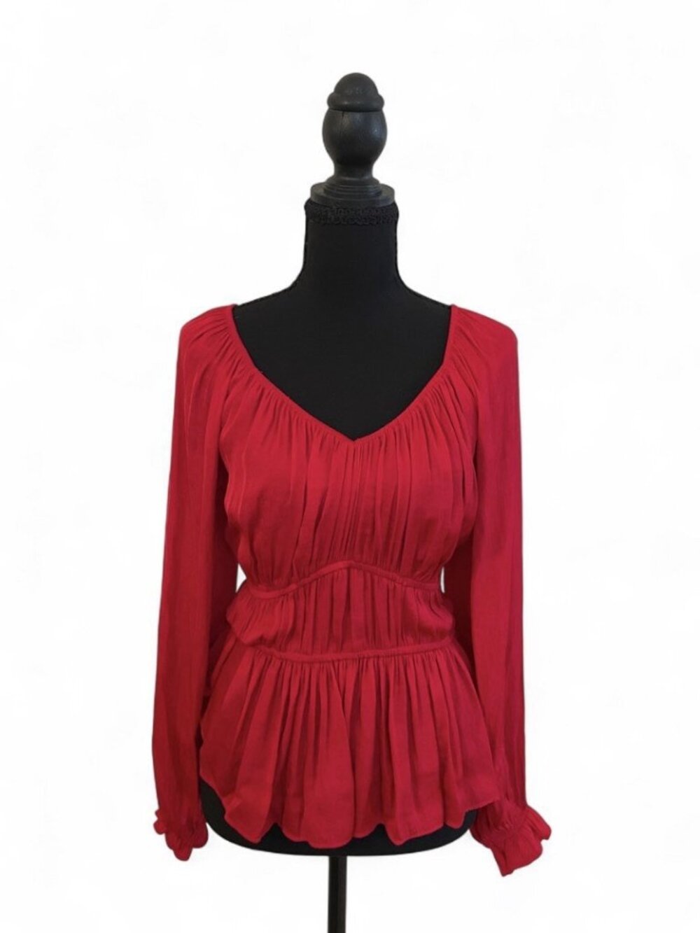 Red Peasant Blouse Romantic Balloon Sleeves Ruched Corset Waist Flowy Sexy, M